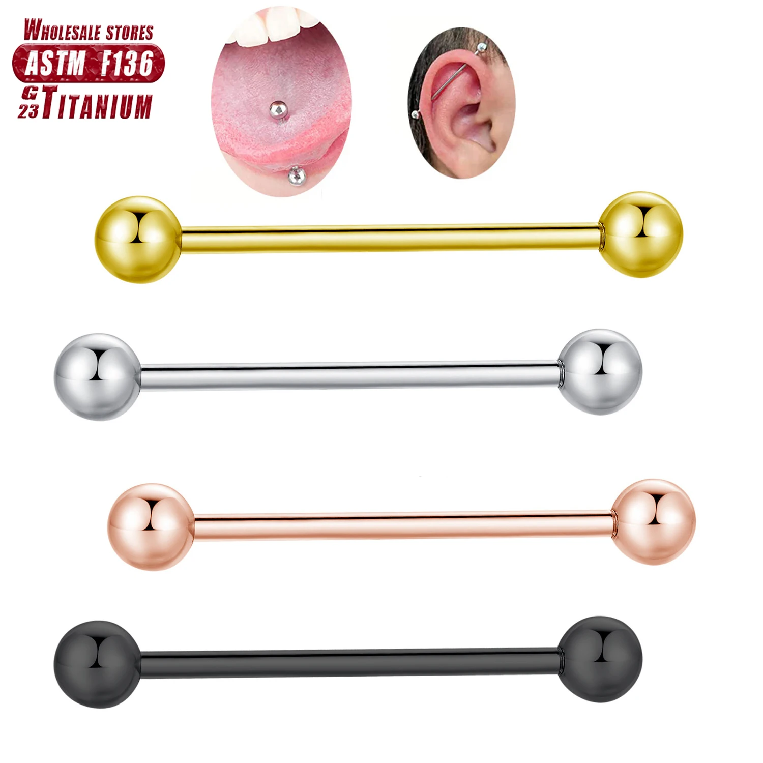 Tongue Barbell Straight - ASTM F136 التيتانيوم الصناعية الحديد كرات